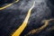 Misty asphalt road highway in smoke cloud closeup. Full frame mysterious wallpaper abstract background with foggy vapor