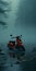 Misty Atmosphere: Cinematic Still Shot Of Red Motor Scooter In Water