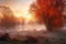 misty autumn morning with fiery sunrise, showcasing the bright orange and red hues of the sun