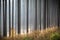 Misty autumn spruce forest, dry grass and colorful leaves