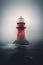 Misty Beacon: Discover the Enigmatic Lighthouse Amidst the Serene Rocky Island. Generative AI