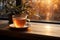Misty brew in a cup, morning light through window, table\\\'s elongated shadow