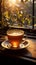 Misty brew in a cup, morning light through window, table\\\'s elongated shadow