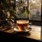 Misty brew in a cup, morning light through window, table\\\'s elongated shadow