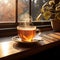 Misty brew in a cup, morning light through window, table\\\'s elongated shadow