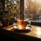 Misty brew in a cup, morning light through window, table\\\'s elongated shadow