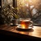 Misty brew in a cup, morning light through window, table\\\'s elongated shadow