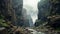 Misty Canyon: A Serene Atmosphere Of Sharp Boulders And Overcast Skies