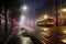 Misty City Night with Vintage Tram and Illuminated Streets