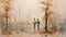 Misty Cityscape: A Beige And Amber Painting Of Two Men Walking In The Park