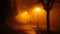 Misty evening in a tranquil park with glowing street lamps