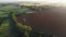 Misty fields in morning birds eye view