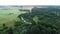 Misty fields in morning birds eye view