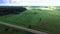 Misty fields in morning birds eye view