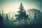Misty foggy landscape with coniferous tree silhouettes.