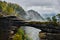 Misty foggy landscape of the Pravcicka gate Pravcicka brana the largest natural sandstone arch in Europe in Czech Switzerland