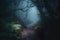 A misty forest path, illuminated by the ethereal glow of ghostly apparitions. Generative AI