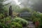 misty garden with bronze figurine and stone bench