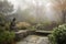 misty garden with bronze figurine and stone bench