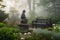 misty garden with bronze figurine and stone bench