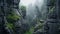 Misty Gothic Canyon With Rhomboid Buildings And Green Vegetation