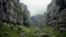 Misty Gothic Green Wall In Karst Valley With Sharp Boulders