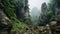 Misty Gothic Landscape: Karst Mountains With Sharp Boulders And Overcast Skies