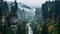 Misty Gothic River Flowing Through Mountains With Rainy Weather