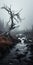 Misty Gothic Wilderness: A Haunting Portrait Of A Dead Tree By The Creek