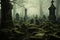 Misty graveyard with tombstones covered in moss