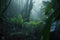 A misty green tropical jungle.