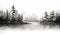 Misty Lake And Forest Landscape: Black And White Realism Sketch