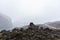 Misty landcape formed by the 1973 eruption of the Eldfell volcano in Heimaey, Westman islands, Iceland