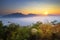 Misty landscape view from Phu Thok hill viewpoint, the famous viewpoint of Chiang Khan city in Loei