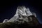 Misty layers of mountains in Meteora near Kalabaka in night light, Greece