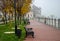 A misty morning autumn landscape, an old park foggy alley. Great oak tree city park alley