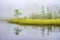 Misty morning at a bog lake with water reflections