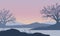 Misty morning with a great view of the mountains from the riverside. Vector illustration