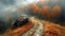 a misty morning landscape, where a footpath disappears into the fog, winding its way through a forest