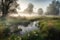 misty morning meadow with a stream and birdsong