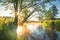 Misty morning nature landscape. Scenic summer background. Bright sun on river. Beautiful sunlight on riverside