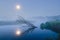 Misty Morning River in Forest with Full Moon