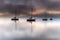 Misty Morning Sunrise Waterscape with Boats