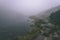 misty morning view in wet mountain area in slovakian tatra. mountain lake panorama. tourist hiking trail - vintage film look