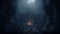 Misty mountain carved cave chamber with mysterious underworld entrance stone gate, dimly lit with torches to the underworld -