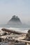 Misty Mountain Island with Driftwood at Rialto Beach. Olympic National Park, WA