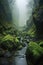 misty mountain stream surrounded by mossy rocks