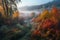 Misty Mountains and Vibrant Autumn Foliage in a Colourful Forest