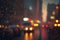 Misty night window with rain drops blurred background, night light city view window AI Generated