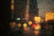 Misty night window with rain drops blurred background, night light city view window AI Generated